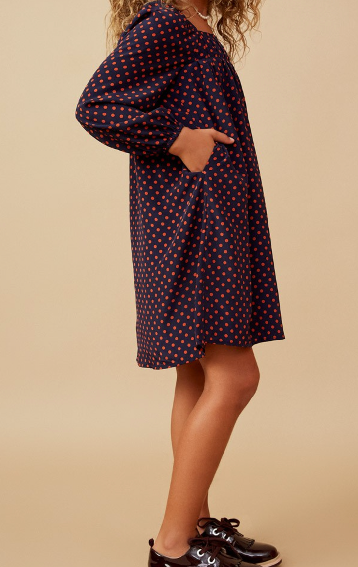 Polka Dot Print Square Neck Long Sleeve Dress