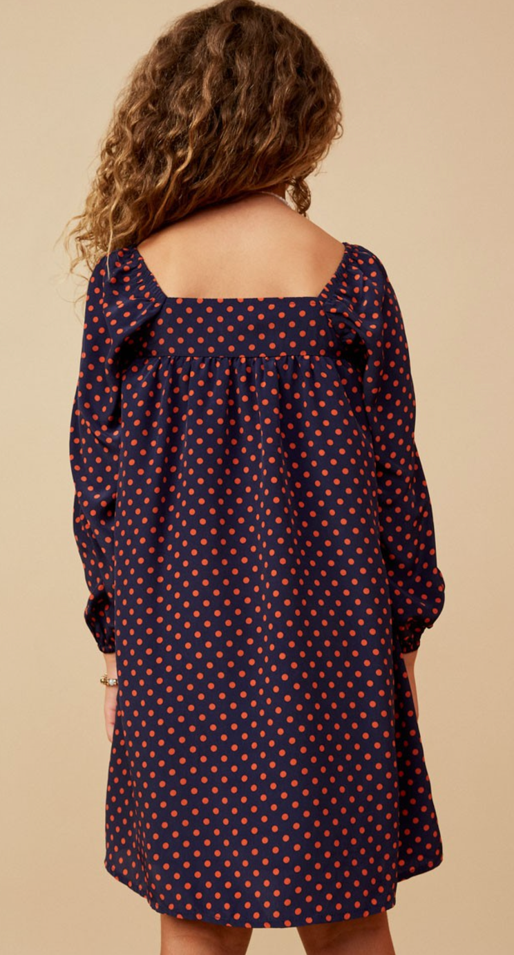 Polka Dot Print Square Neck Long Sleeve Dress