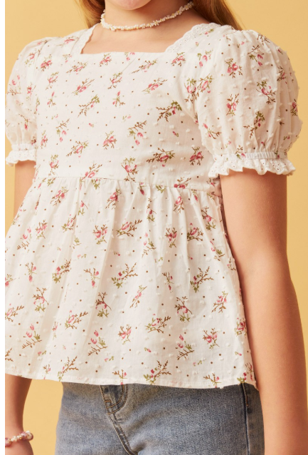 Girls Ditsy Floral Swiss Dot Lace Trim Top