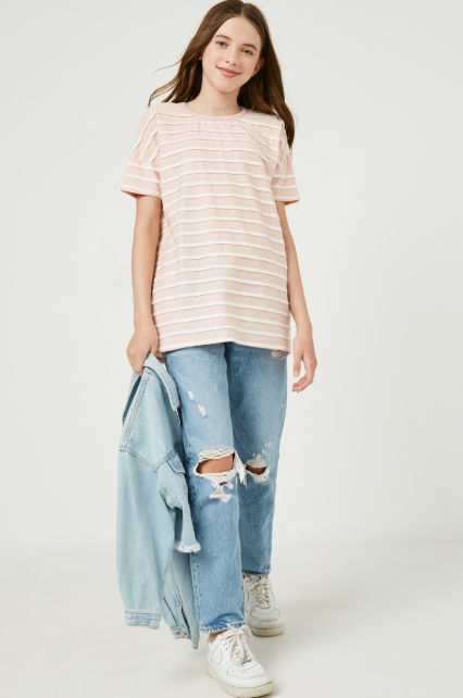 Girls Striped Short Sleeve Tee in Pink