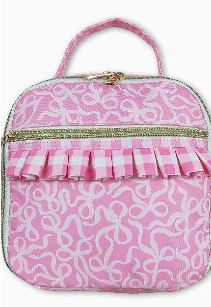 Pink Plaid Ruffle Bow Kids Girls Lunch Box Bag