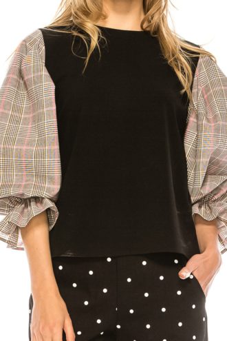 Neon-Pink Contrast Plaid Puffy 3/4 Sleeve Top